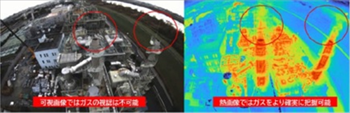 可視画像（左）と熱画像（右）による排出ガスの可視化
