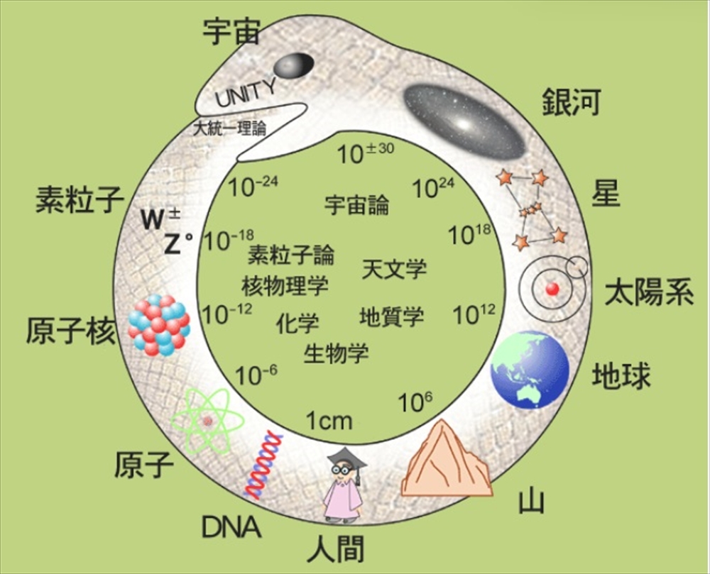 巨大な宇宙と極微の素粒子の研究が密接に結びついていることを示す「ウロボロスの蛇」。人間がほぼ真ん中に位置する（素粒子原子核研究所のHPから）