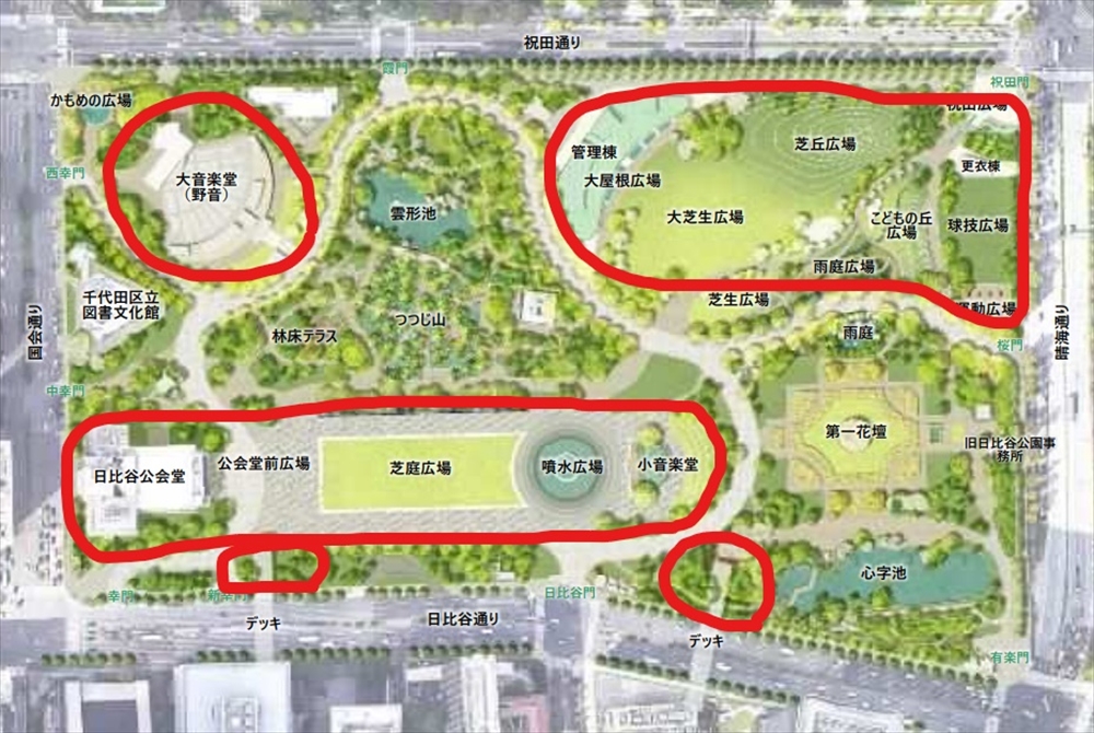 東京都が公表した整備後の平面図に、今ある施設を壊して作り変える所を〇で囲んだ（筆者作成）