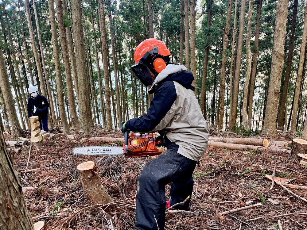 今年受講した初心者向けの林業講座。初めてのチェーンソーにも挑戦