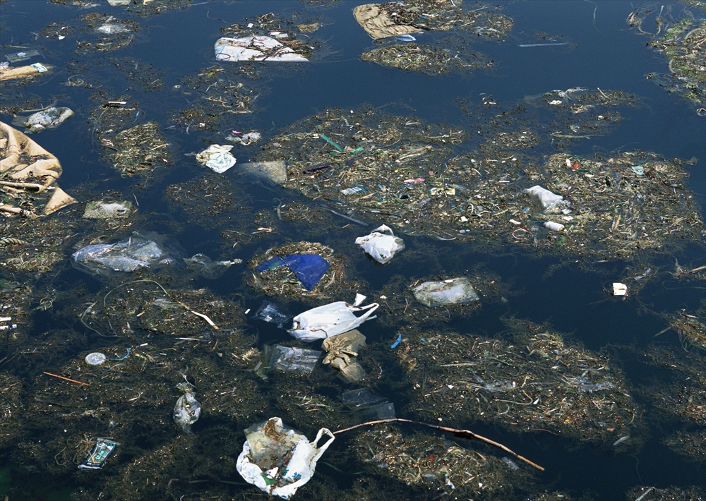 IMAGE_この写真は、水中に漂うゴミやプラスチックの廃棄物が写っているようです。環境汚染や海洋のゴミ問題に関連した景観かもしれません。特に、プラスチックの廃棄物が水面に浮いている様子が見て取れます。