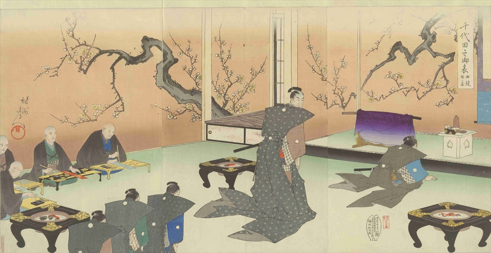 楊州周延「千代田之御壺　御鏡開ノ図」／出展：ＴＯＫＹＯアーカイブ　幕府では、毎年正月11日の鏡開きの日に「具足の祝い」として、徳川家康の具足（甲冑）を飾る行事を行っていた。大奥では、奥女中たちにお汁粉が振舞われた
