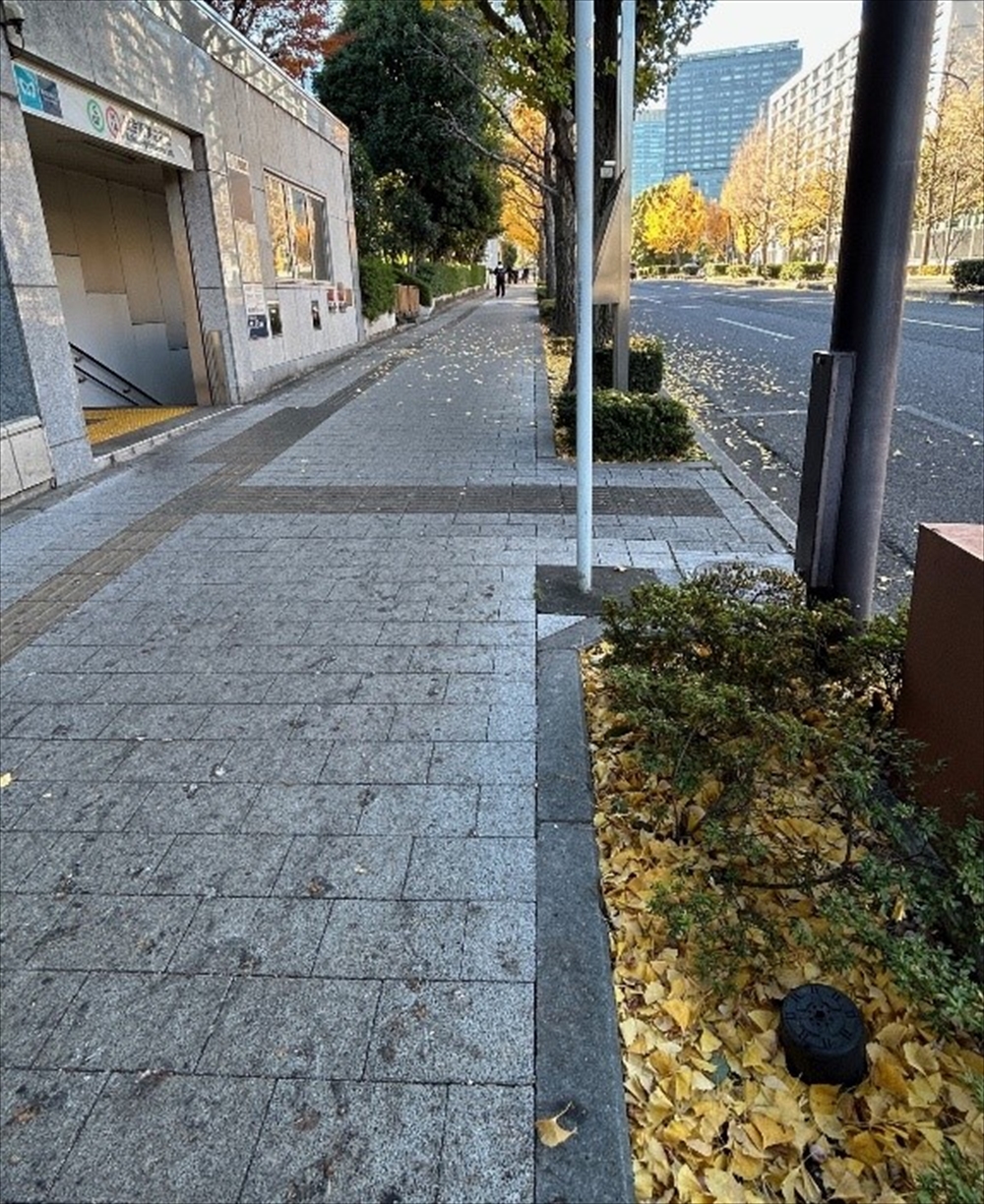 東京で再生水の散布実験をしたと見られる道路。右の植え込みの中に散水ノズルが見える。左下はノズルの拡大写真