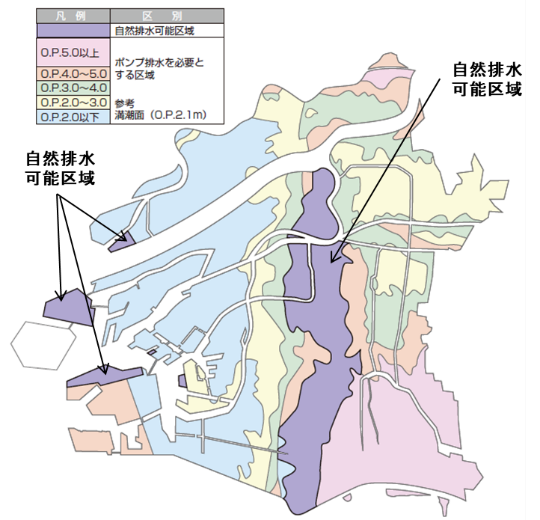 安心して暮らせるまちを支える（その１）　浸水被害軽減に向けた大阪市の取り組み～気候変動を踏まえた「大阪市下水道浸水対策計画２０２５」の策定～　大阪市建設局下水道部 調整課事業計画担当係長　櫻井　弘_図２　大阪市の地形