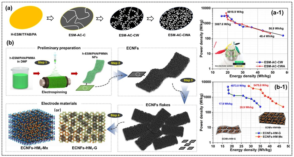 (a）卵殻膜から高多孔質活性炭電極材料への段階的な変換、（b）ECNFs-HMt-Mx および ECNFs-HMt-G電極材料の製造、 (a-1、b-1）電極材料の計算された電力密度とエネルギー密度_　「卵殻膜」を次世代電極材料に　安定性優れる蓄電デバイス　信州大とファーマフーズ　