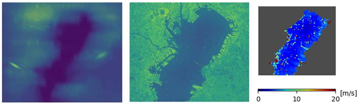 生データ（左）とL1処理後のデータ（中央）、海上の風速のL2処理データ（右）_　　衛星上でエッジコンピュータ処理　低電力、ロバスト性を兼備　富士通ら、利用環境公開も