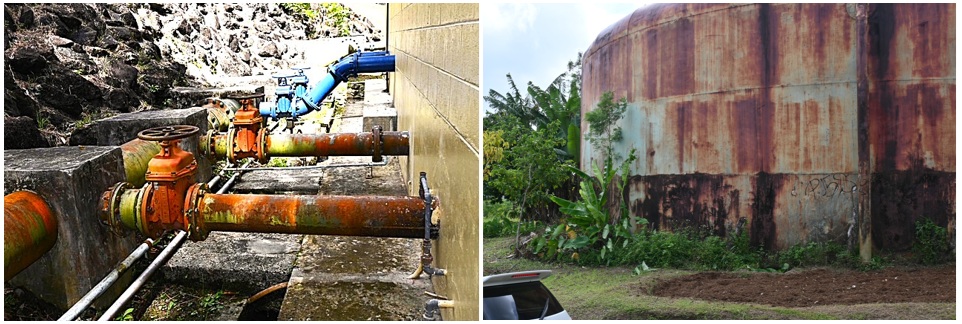 新・世界と日本の水事情（7）　グローバルウォータ・ジャパン代表 吉村和就　漏水率50％超の衝撃　親日国パラオ、国家の命運を懸けた「水道老朽化」の戦い_写真１　老朽化が進行する配管と水タンク（筆者撮影）