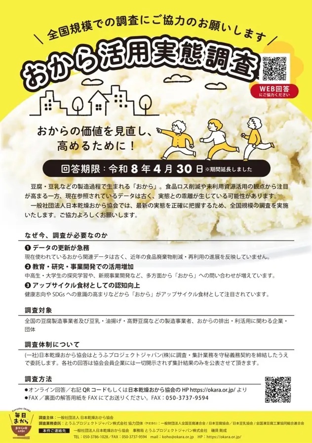 調査内容を記したチラシ_　[日本乾燥おから協会]　「おから」活用の実態を調査　年間約70万トンの未利用資源の把握へ