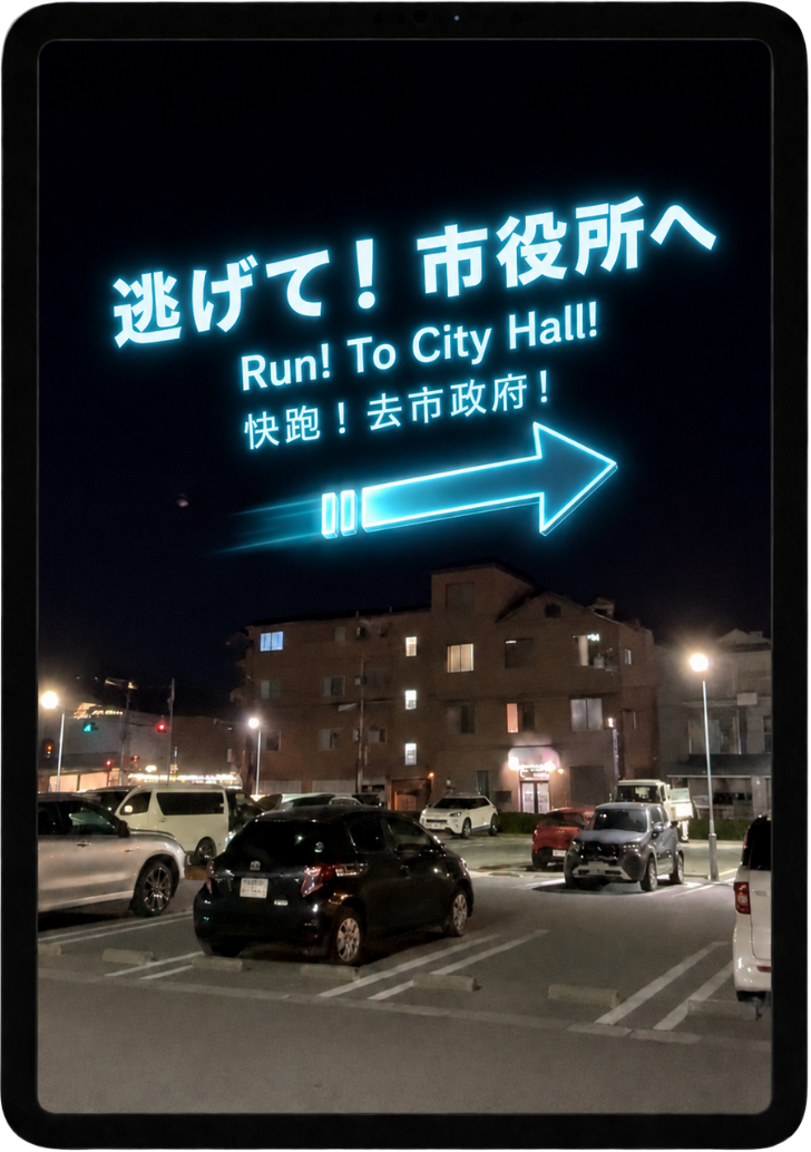 避難経路や注意喚起情報を現地ＡＲで提示する活用イメージ