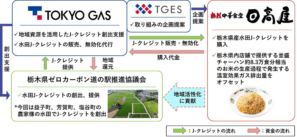 取り組みのスキーム_ハイデイ日高と東京ガス、栃木県産水田J-クレジットで脱炭素化　環境価値を地産地消で持続可能な農業にも貢献